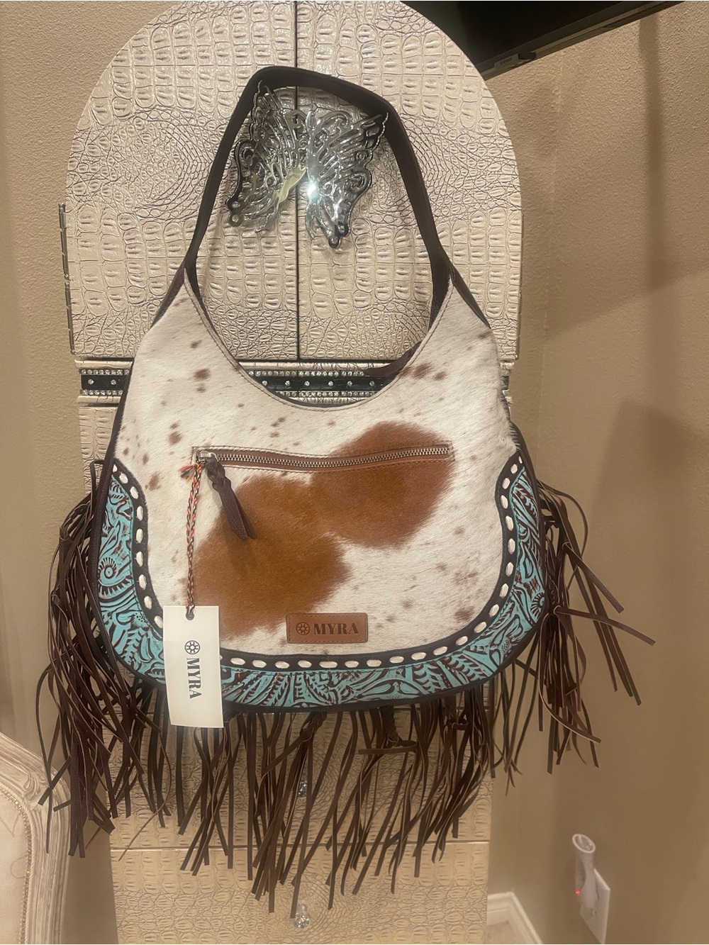 Myra Bag Brown, White & Turquoise Cowhide Fringe Shoulder Bag (Large Bag)